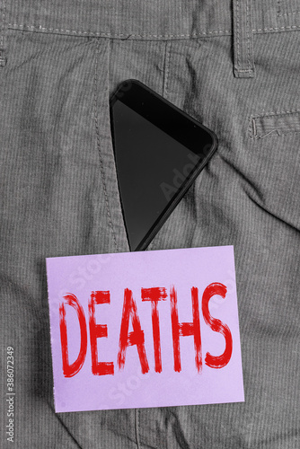 Word writing text Deaths. Business photo showcasing permanent cessation of all vital signs, instance of dying individual Smartphone device inside formal work trousers front pocket near note paper photo