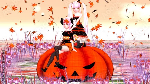 舞い落ちるもみじとハロウィンのかぼちゃ