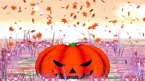 舞い落ちるもみじとハロウィンのかぼちゃ