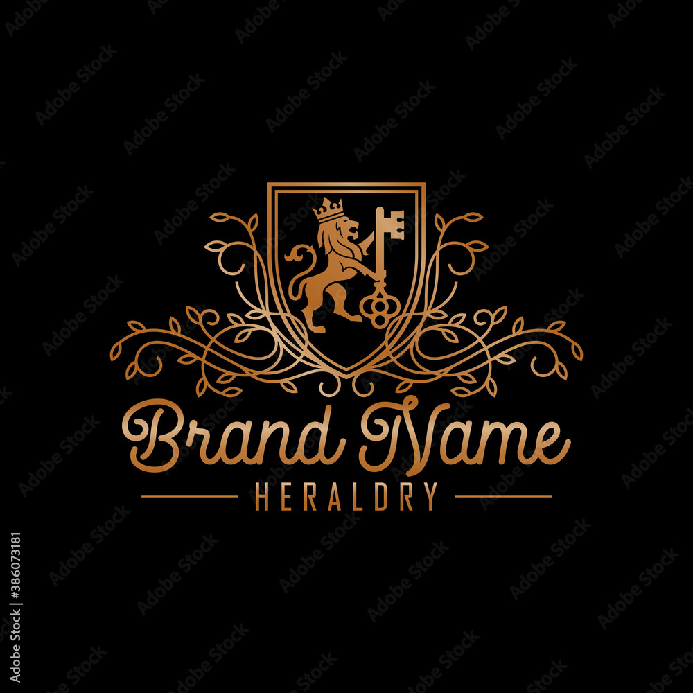 Vetor de Luxury Golden Royal Lion King logo design inspiration do Stock ...