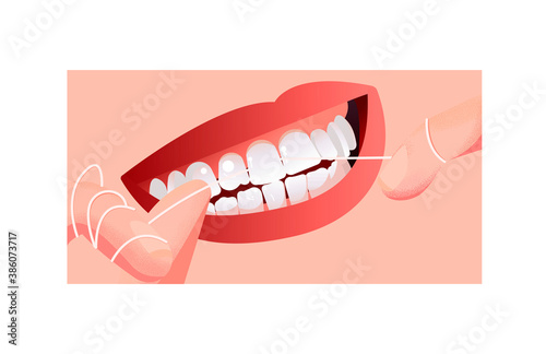 Healthy female teeth. Flossing. Tracking healthy teeth.
