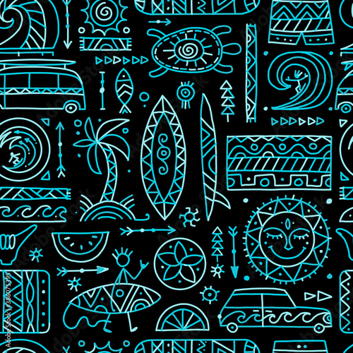 Surfing seamless pattern. Tribal elements for your design