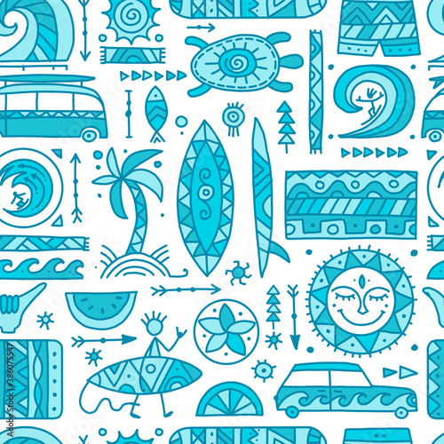 Surfing seamless pattern. Tribal elements for your design