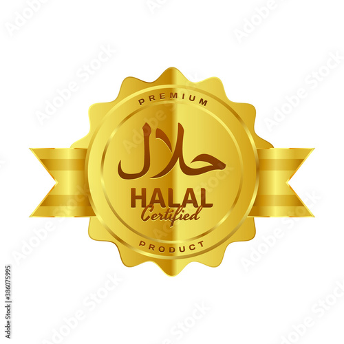 Vector golden halal-certified badges with Arabic writing and ribbon. Use for your halal product label, icon, sticker, etc
