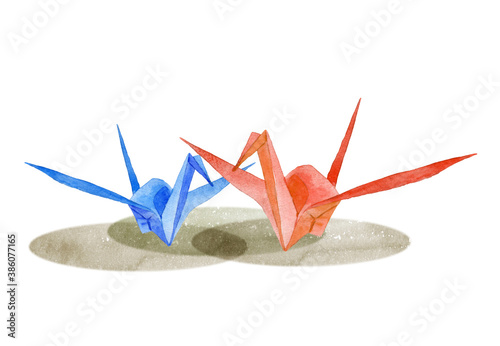 折り鶴と梅の花　水彩イラスト © 時々雨