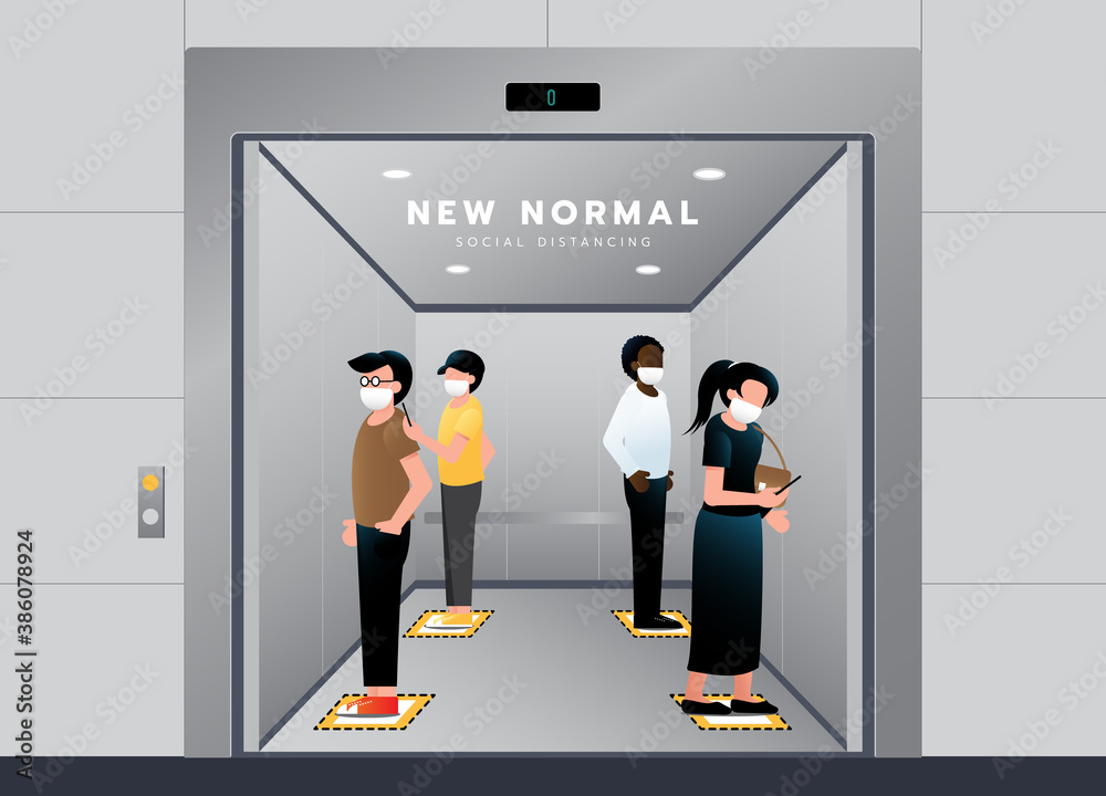 Obraz premium New normal lifestyle in Elevator. People keep social distancing and wearing Medical mask for prevent coronavirus standing on footprint sign for stand in lift. Vector illustration.
