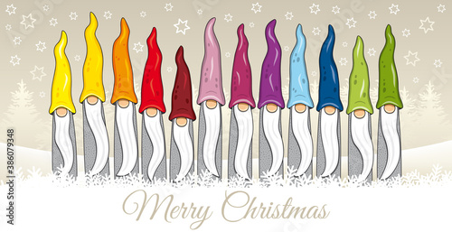 Merry Christmas card for diversity, pretty gnome colorful in rainbow colors in a white and gold snow landscape, hand drawing