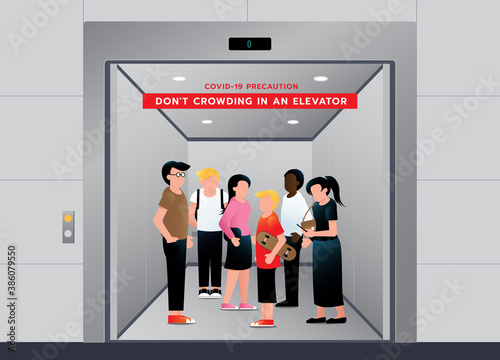 Do not crowding in Elevator. People avoid congestion while standing in lift. keep wearing medical mask for prevent coronavirus. Vector illustration
