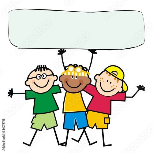 Three happy boys with banner, vector illustration