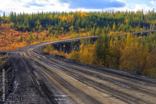 The nature of the Magadan region. Forest road among taiga during golden autumn. Dirt road