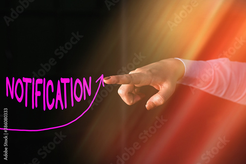 Text sign showing Notification. Business photo text act or instance of notifying, written matter that gives notice digital arrowhead curve rising upward denoting growth development concept photo