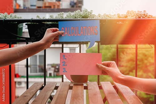 Text sign showing Calculations. Business photo showcasing mathematical determination of the size or number of something Empty bubble chat sticker notes mock up emphasizing personal idea concept photo