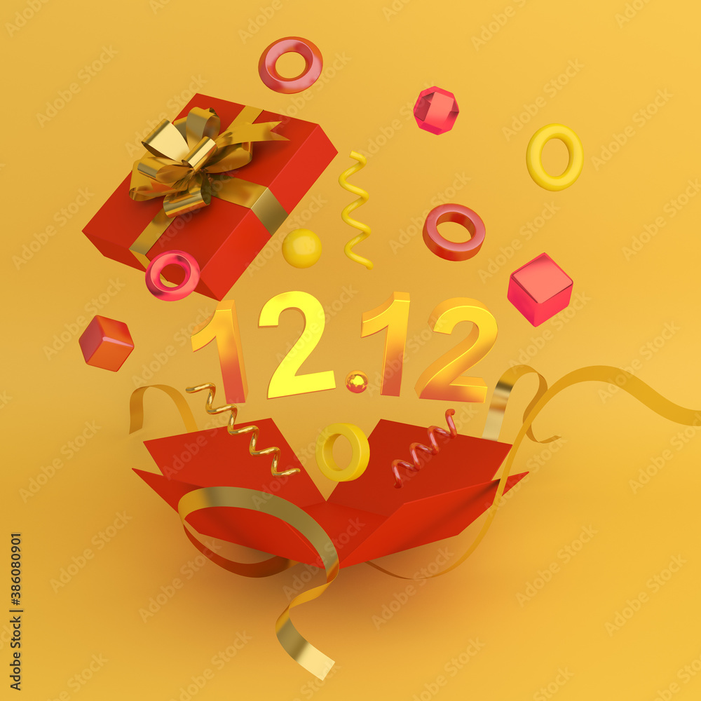12.12 Sale shopping day decoration background with opened gift box, geometric on yellow background. 3D rendering illustration 12.12 Sale shopping day decoration background with opened gift box, geometric on yellow background. 3D rendering illustration