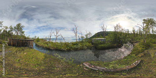 Spherical panorama of abandoned shacks in Gohkasjohka dekta, Norrbotten, Sweden. Equirectangular projection is used photo