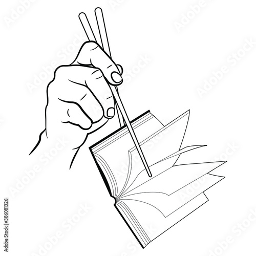 Human hand holding open book with chopsticks. Black and white silhouette. Creative concept. Hunger for knowledge.