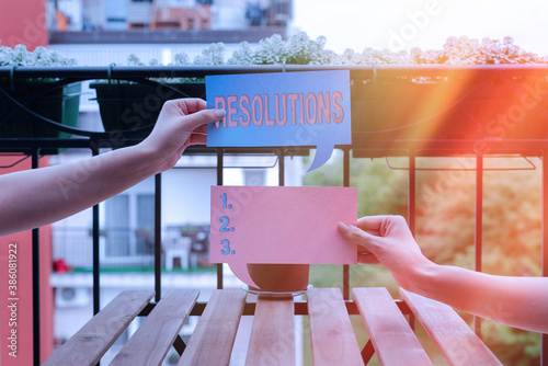 Text sign showing Resolutions. Business photo showcasing the act of analyzing a complex notion into simpler ones Empty bubble chat sticker notes mock up emphasizing personal idea concept photo