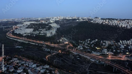 Jerusalem view at sunset aerial 
Drone footage tel aviv and Jerusalem Highway , givat shaul cemetery
 photo