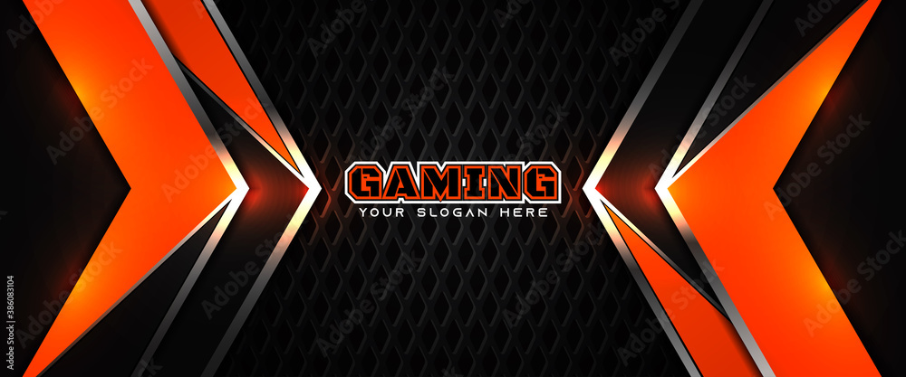 Futuristic orange and black abstract gaming banner design template with metal technology concept. Vector layout for business corporate promotion, game header social media, live streaming background - obrazy, fototapety, plakaty 