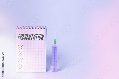 Conceptual hand writing showing Presentation. Concept meaning act, power, or privilege especially of a patron of applying Set of medical equipment with notepad for health assessment photo