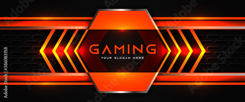 Futuristic orange and black abstract gaming banner design template with metal technology concept. Vector layout for business corporate promotion, game header social media, live streaming background