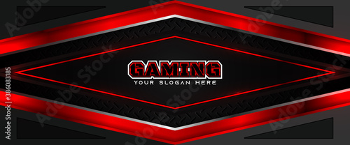 Futuristic red and black abstract gaming banner design template with metal technology concept. Vector illustration for business corporate promotion, game header social media, live streaming background