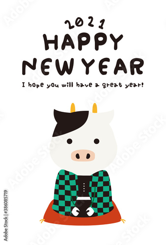 年賀状2021　縦　HAPPY NEW YEAR　緑と黒の市松模様着物で挨拶