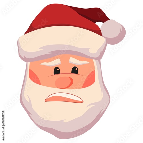 Unpleasantly surprised and upset santa claus face vector illustration. Christmas santa claus head icon isolated on white background. Cute cartoon character
