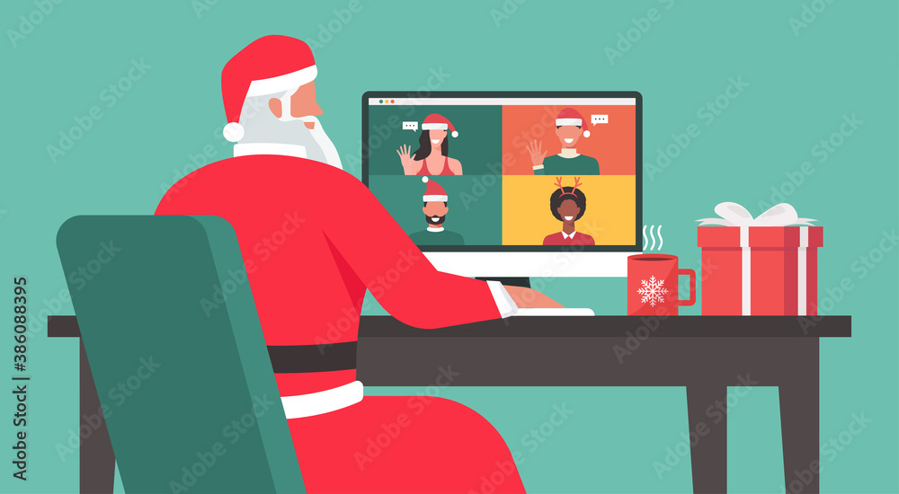 Santa Claus sitting at the desk and using a laptop video calling to people at his office on the Christmas holiday, vector flat illustration - obrazy, fototapety, plakaty 