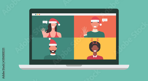 group of people in winter costumes meeting online together via video conference on a laptop to virtual discussion on Christmas holiday, vector flat illustration