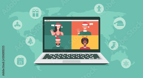 group of people around the world in winter costumes meeting online together via video conference on a laptop to virtual discussion on Christmas holiday with icon, vector flat illustration
