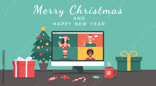group of people meeting online together via video conference on a laptop to virtual discussion on Christmas holiday and decorate with Christmas tree, gift, candy, and cup, vector flat illustration