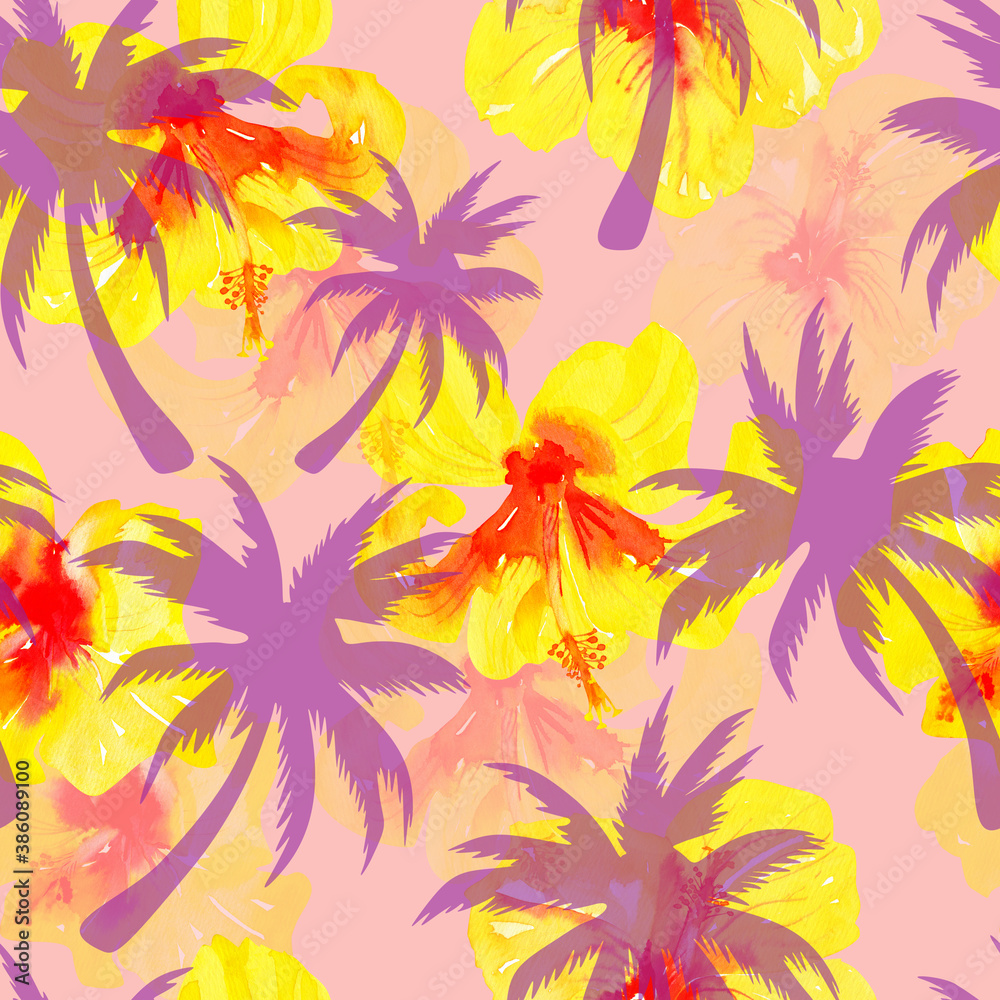 hibiscus flowers and palms seamless pattern on pink background, watercolor floral print. hibiscus flowers and palms seamless pattern on pink background, watercolor floral print.
