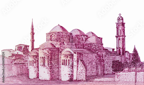Peristerona church and a Turkish mosque in the background. Portrait from Cyprus 5 Pounds 2003  Banknotes. photo