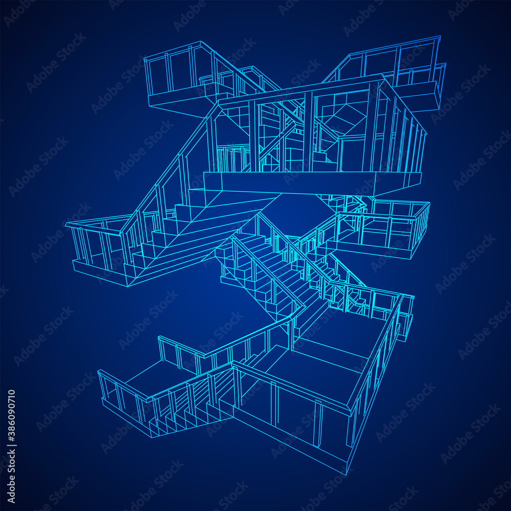 Wireframe stairs, interior staircases steps with railing Wireframe stairs, interior staircases steps with railing