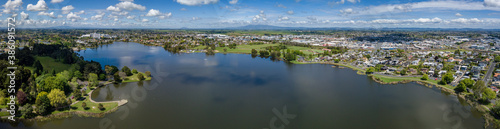 Aerial drone panoramic view over Lake Rotoroa  Hamilton Lake  looking towards Mount Pirongia  Hamilton  in the Waikato region of New Zealand