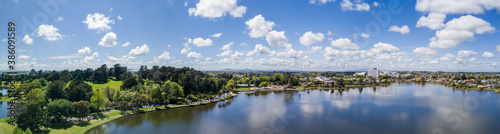 Aerial drone panoramic view over Lake Rotoroa (Hamilton Lake) looking towards Waikato Hospital, Hamilton, in the Waikato region of New Zealand 
