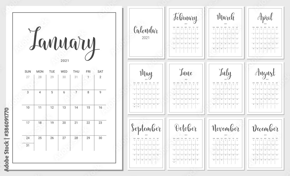 Vector Calendar Planner for 2021 Year. Handwritten lettering. Set of 12 Months. Week Starts Sunday. Stationery Design for Printable. - obrazy, fototapety, plakaty 