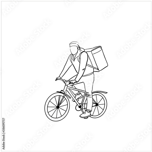 Hand drawn  vector illistration of bicycle courier, delivery man.