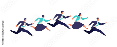 Running businessman and woman in suits.  Active poses of business people.