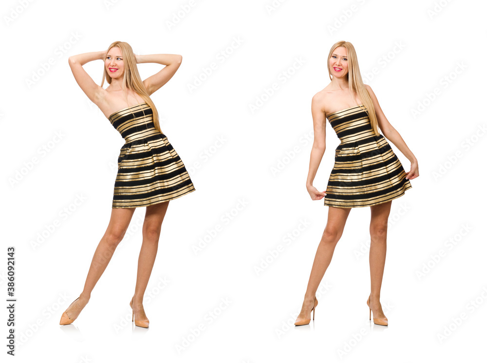 Beautiful girl in gold and black dress isolated on white Beautiful girl in gold and black dress isolated on white