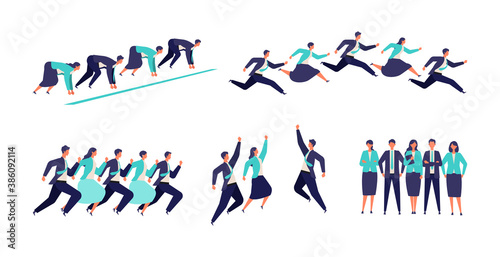 Running businessman and woman in suits.  Active poses of business people.