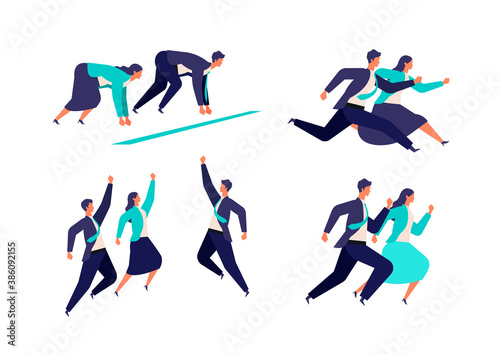 Running businessman and woman in suits. Active poses of business people.