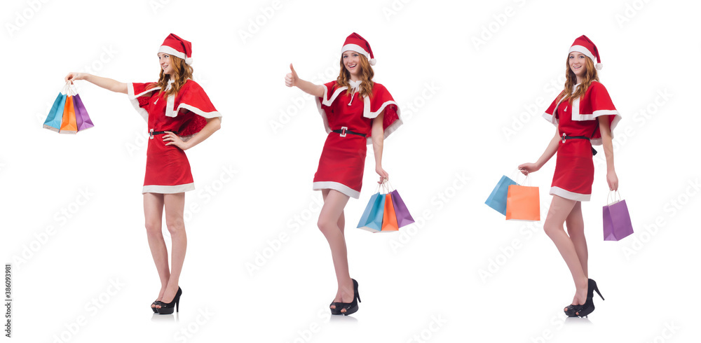 Young woman in red santa costume on white Young woman in red santa costume on white