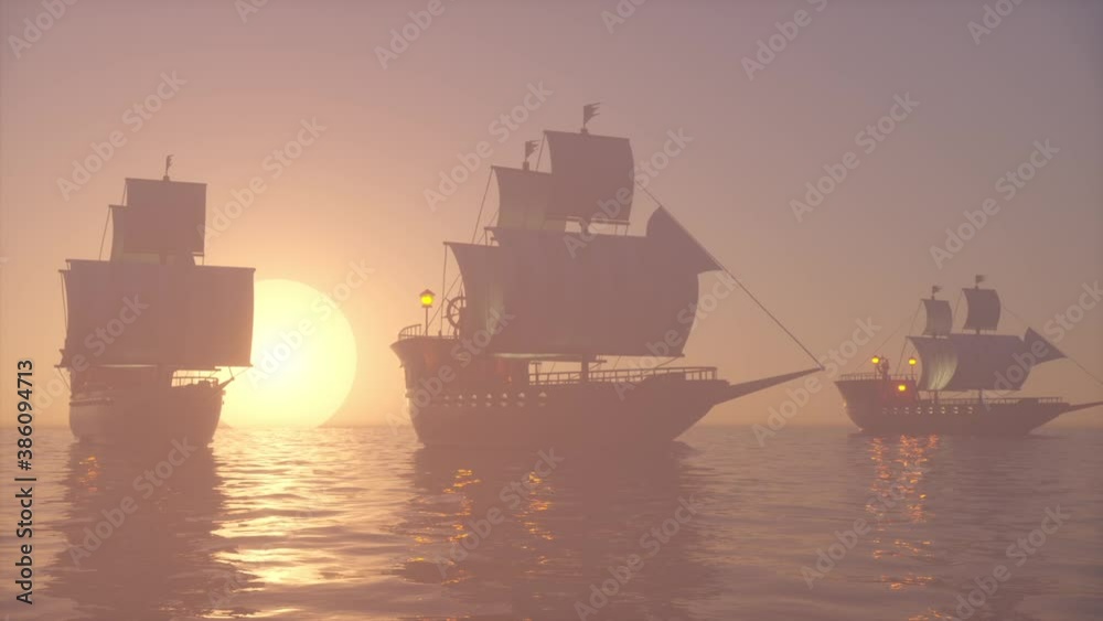 3D Animation of old wooden warships fleet on a foggy ocean at sunset