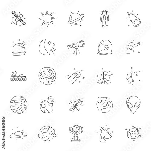 Space hand drawn linear doodles isolated on white background. space icon set for web and ui design, mobile apps and print products