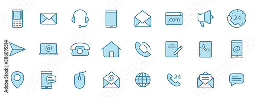 contact us linear vector icons in two colors isolated on white background. contact us blue icon set for web design, ui, mobile apps and print