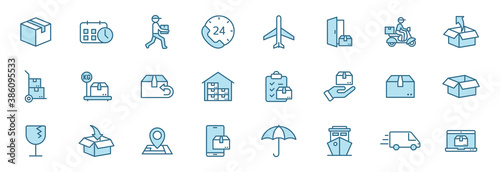 delivery linear vector icons in two colors isolated on white background. delivery blue icon set for web design, ui, mobile apps and print