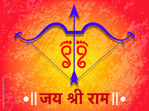 illustration of Ram Navami (Birthday of Lord Rama) background with bow arrow greeting card for Hindu spring festival Navratri. Hindi Text Jay Shree Ram meaning Victory to Lord Rama