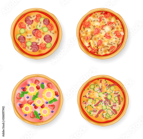 Realistic pizza with different types of sausages, mushrooms, ham, sweet fruit pizza with pineapple and strawberries. Tasty traditional italian food. Baked round flour home dish vector