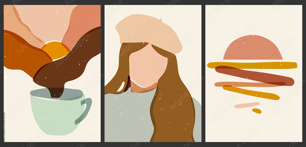 A set of three aesthetic vintage backgrounds. Abstract posters in pastel colors for social networks. Transparent silhouettes of female faces. Trendy illustration with geometric shapes, coffee mug, sun